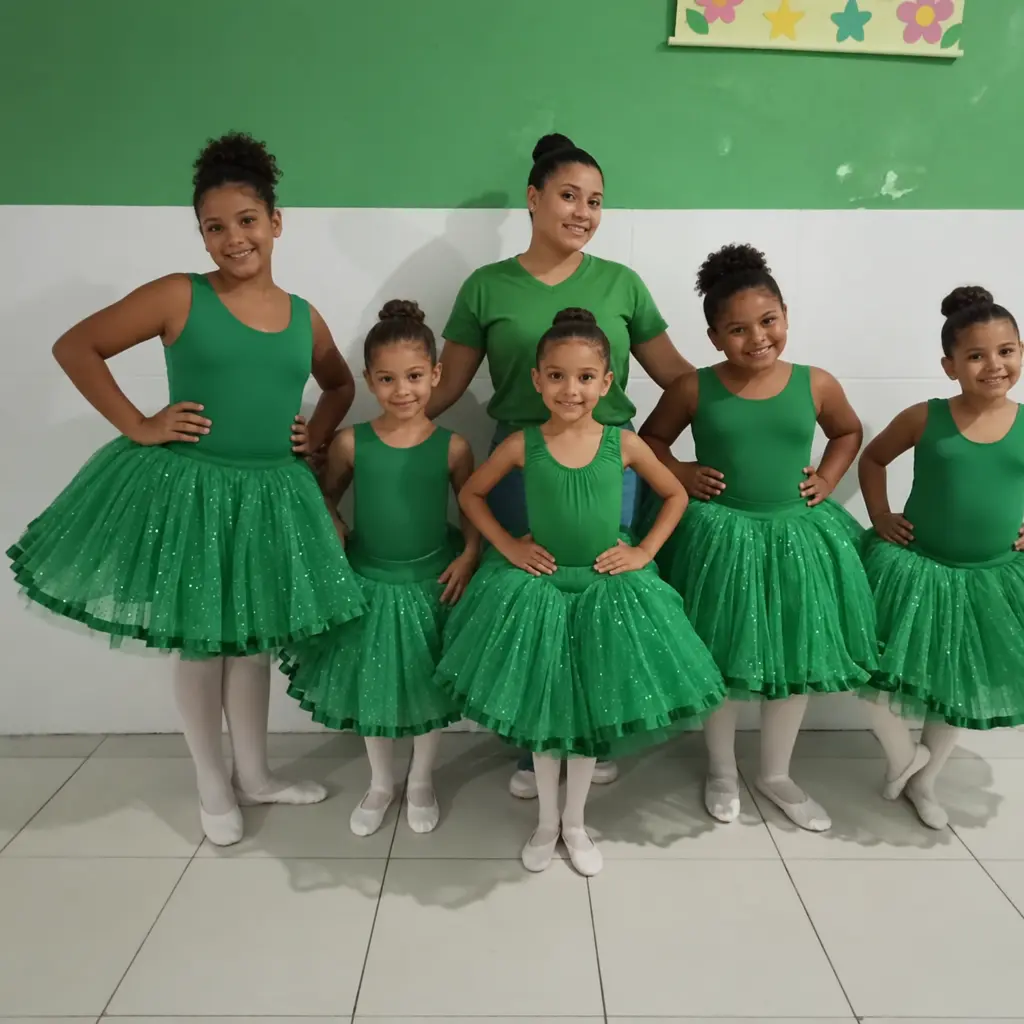 Pequenas bailarinas com saias de tule verdes ao lado da professora