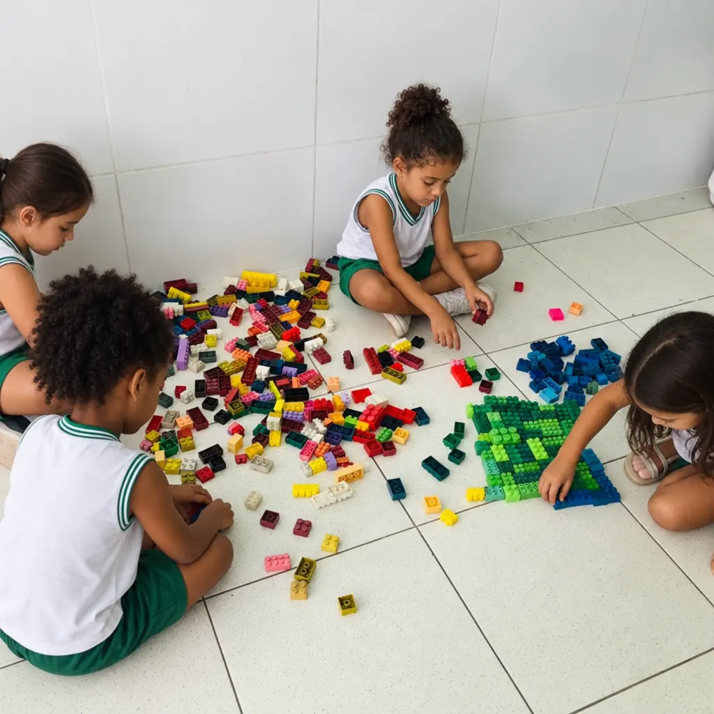 Crianças montando peças coloridas no chão da sala