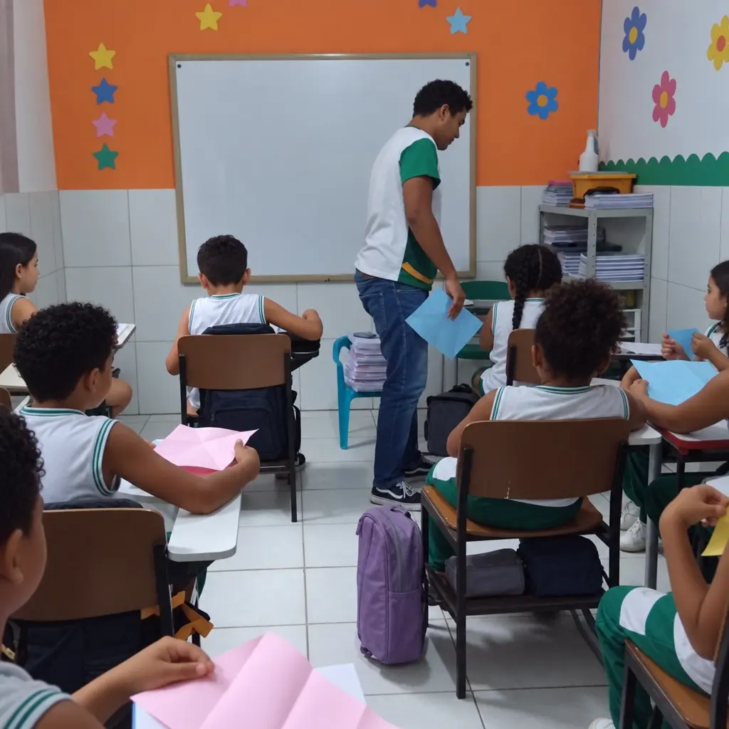 Turma do Fundamental I em sala de aula, com a professora acompanhando as atividades