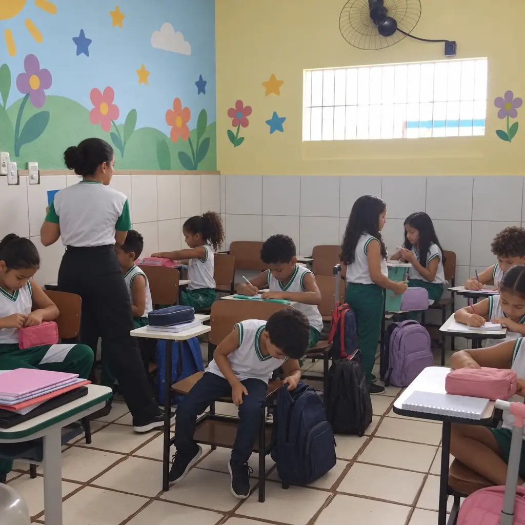 Alunos em atividade na sala de aula com a professora