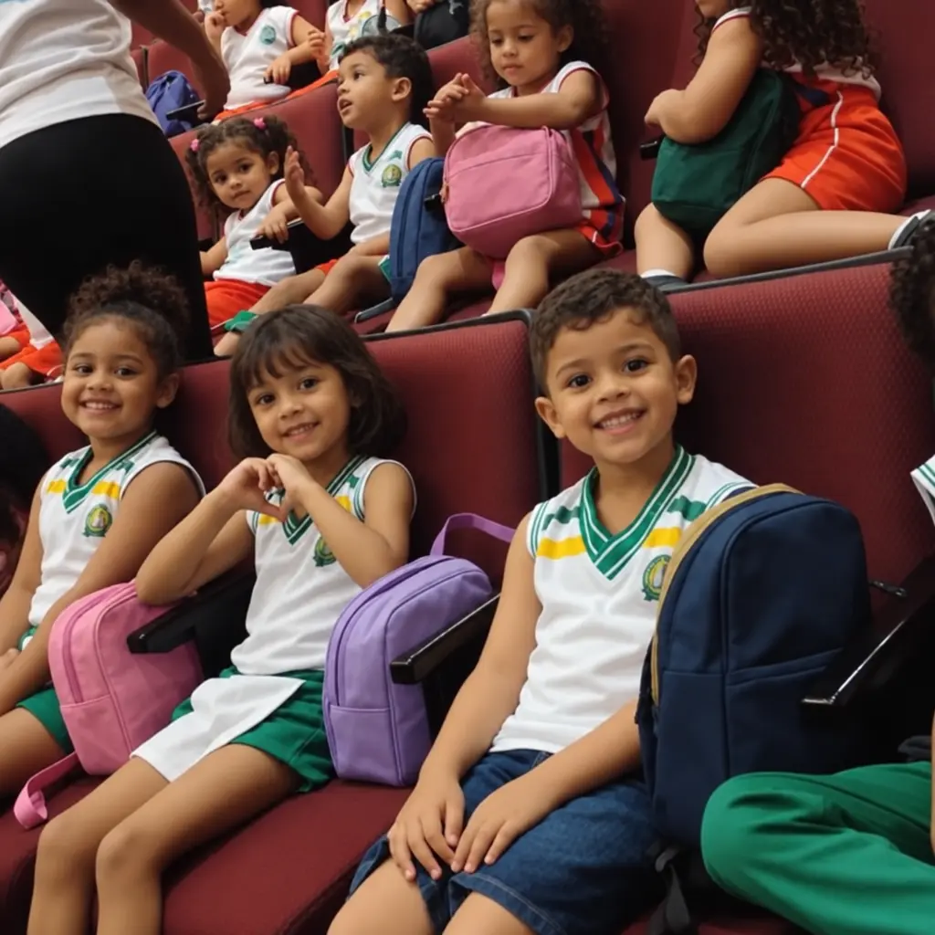 Alunos uniformizados sentados na plateia de um teatro
